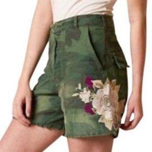 Free People Camo Embroidery Fray Hem Distressed Button Fly Shorts Sz 0